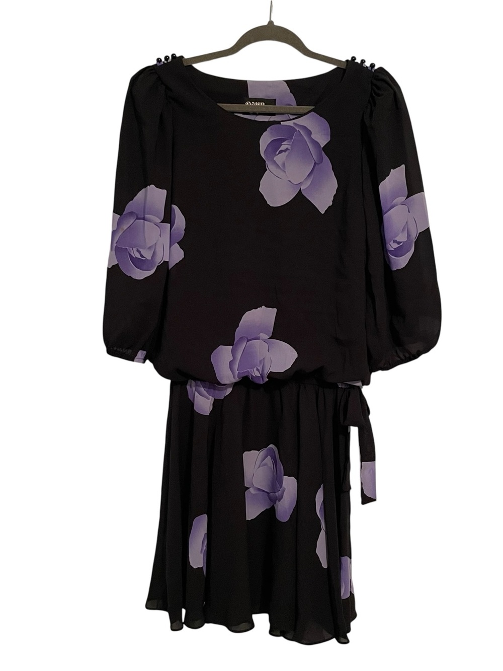 Vintage Black with Bold Purple Flowers Balloon Top Dress. No size tag M